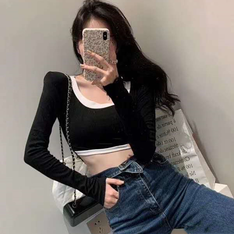 SUXI Áo Thun Dài Tay Cổ Chữ U Gợi Cảm Cho Nữ