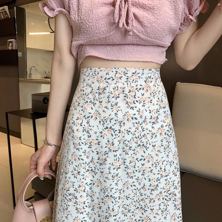 SUXI Chân Váy Midi Lưng Cao Dáng Chữ A Hoạ Tiết Hoa Thiết Kế Đơn Giản Thanh Lịch