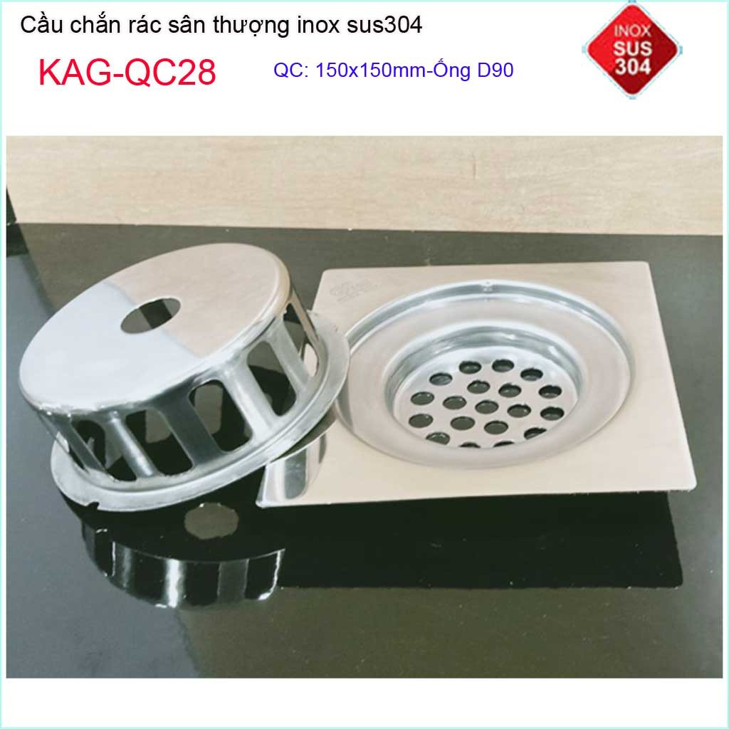 Cầu chắn rác đế vuông 15x15cm D90 KAG-QC28, thoát nước sân thượng SUS304 ống 9cm thoát nhanh chắn rác tốt