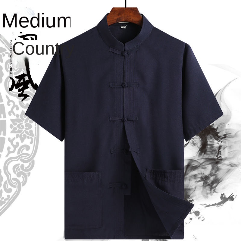 Áo sơ mi tay ngắn vải lanh cotton phong cách Trung Hoa thời trang mùa hè cho nam trung niên 50 tuổi 60 tuổi