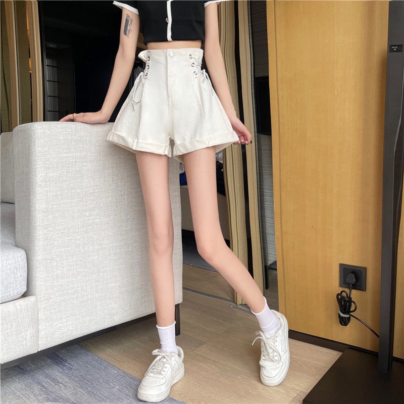 Quần Short Denim Nữ Cạp Cao Ống Rộng Thắt Dây Mùa Hè Hàn Quốc Mới