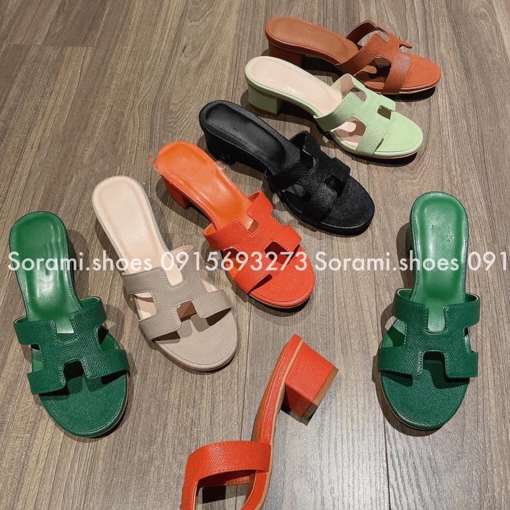 SORAMI.SHOES-Guốc chữ H cao cấp da sần, đế 5p gót vuông hàng cao cấp