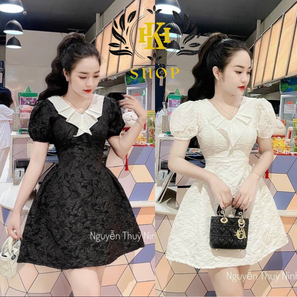 Váy Gấm - Váy dự tiệc chất gấm xốp hoa, Cổ bèo cực xinh, Thiết kế dáng xòe ngắn HK Shop9720