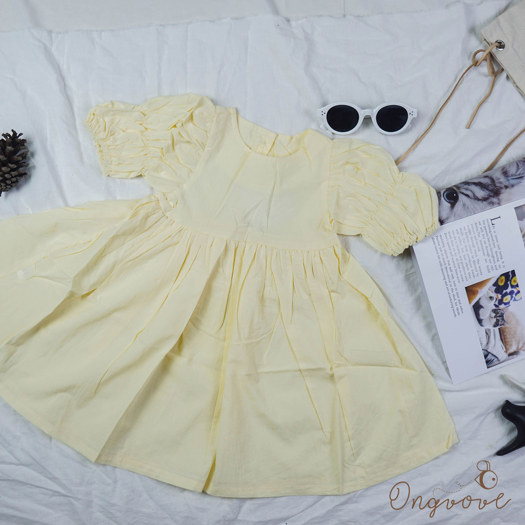 Váy đầm cho bé gái Ongvove - Chất thô Hàn thoáng mát, thiết kế điểm nhấn nhún tay điệu đà, váy bồng chữ A nổi bật 1400