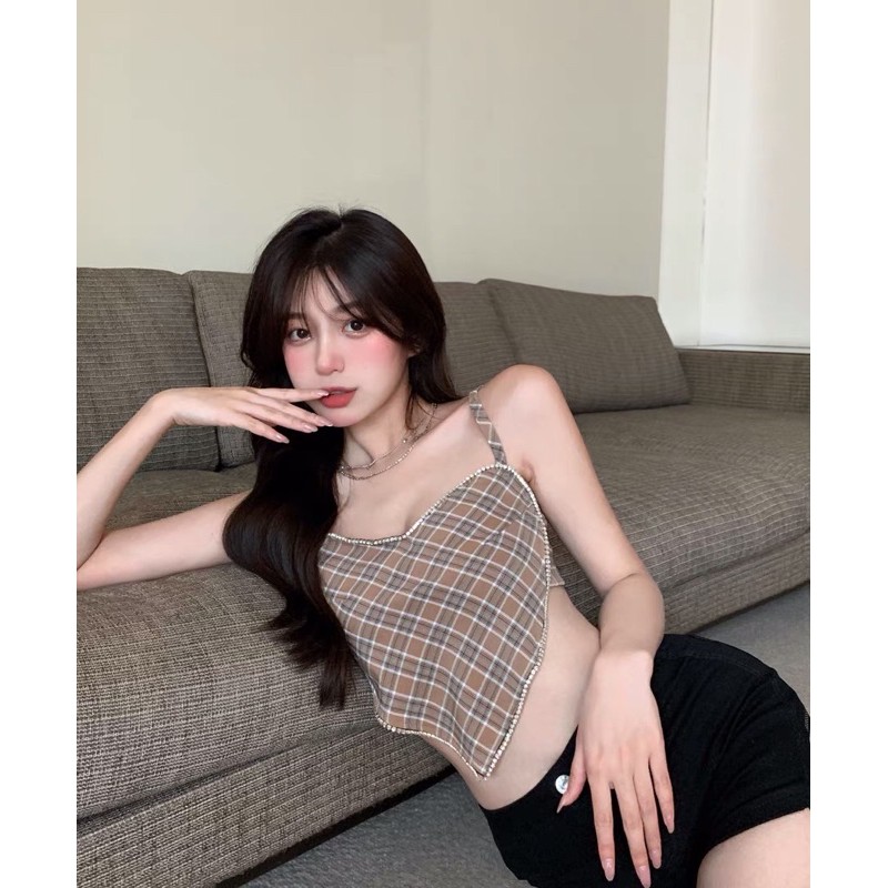 áo 2s 2 dây trái tim viền đá nổi bật - sọc kẻ caro hở lưng sexy (061#)
