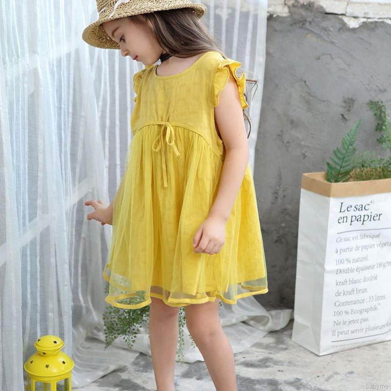 ♕ babyme ღ Baby Girls Solid Print Mesh Dress Cotton Flare Sleeve Sundress