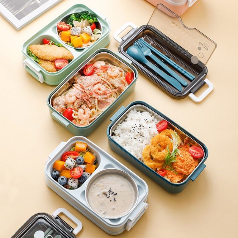 Hộp Đựng Cơm Inox 2 tầng 2 ngăn + Có Chén Soup và Khay INOX 304