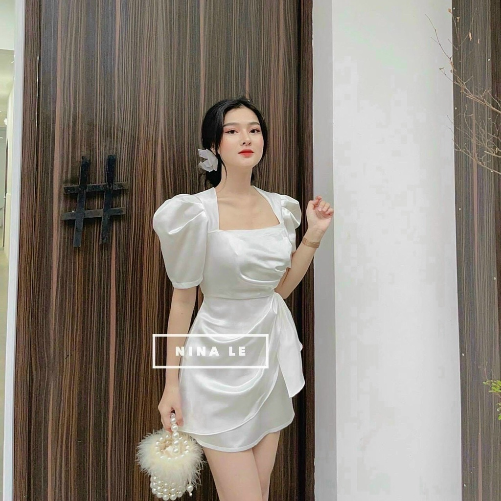 Đầm Trắng Cổ U 💖DEMISS💖 Váy Trắng Cổ U Tay Phồng Dáng Eo Quyễn Rũ - V-Trắng-94