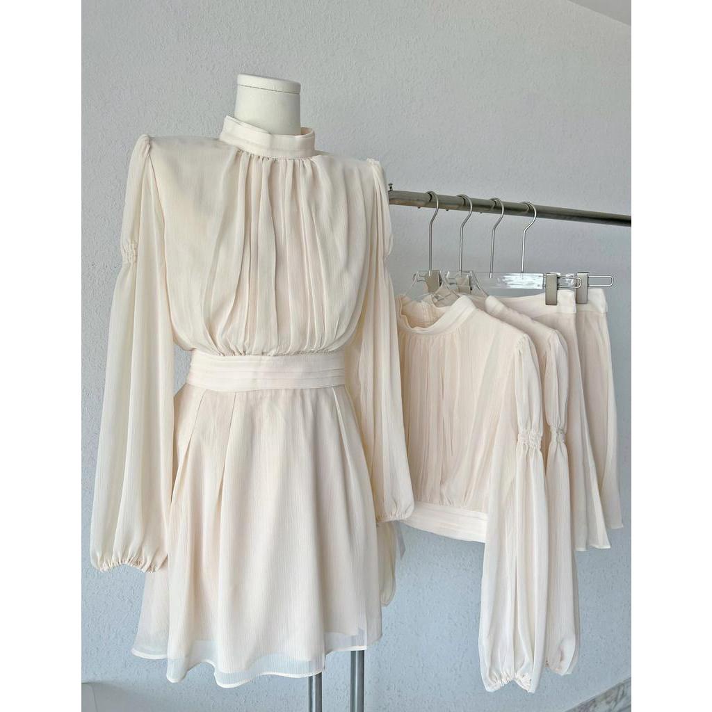 Bộ Áo Sơ Mi Dài Tay Màu Sắc Trơn Phối Chân Váy Chữ A Thời Trang Sành Điệu 624