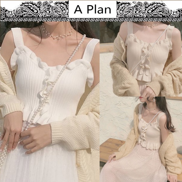 Áo croptop dệt kim không tay phối ren quyến rũ