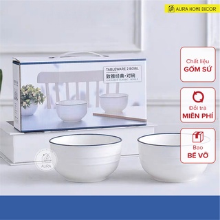 Set 2 bát cơm trắng viền xanh dành cho cặp đôi | Đơn giản, tinh tế, phong cách tối giản