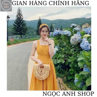 Đầm maxi vàng hở lưng đi biển