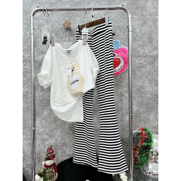 Set áo thun cotton gấu thêu quần ống rộng xinh xắn d8