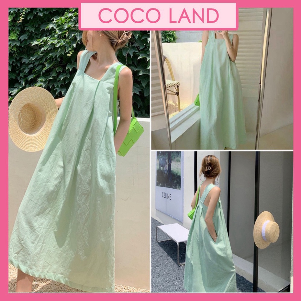 Đầm 2 dây bản to dáng dài, váy bầu bí đi biển phom rộng màu xanh mát mẻ sang chảnh. trendy hot girl
