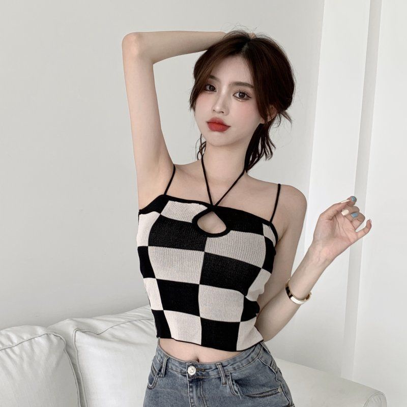 Áo Hai Dây Dệt Kim Kẻ Sọc Kim Cương Retro Mùa Hè Cho Nữ