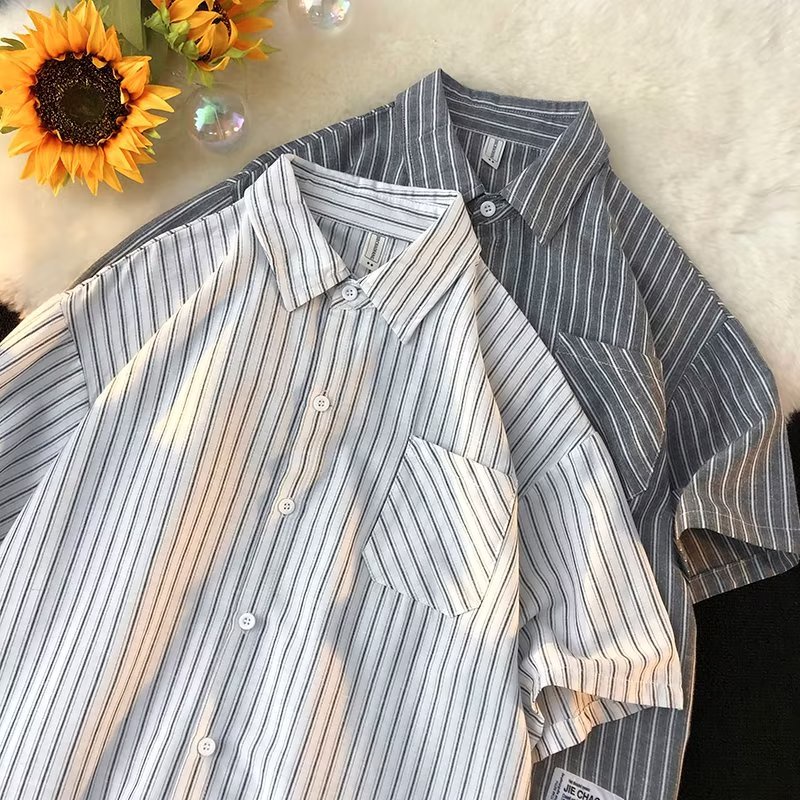Áo Sơ Mi Tay Ngắn Kẻ Sọc Màu Xanh Dương Phong Cách Hong Kong Thời Trang Mùa Hè Cho Nam Size M-3XL