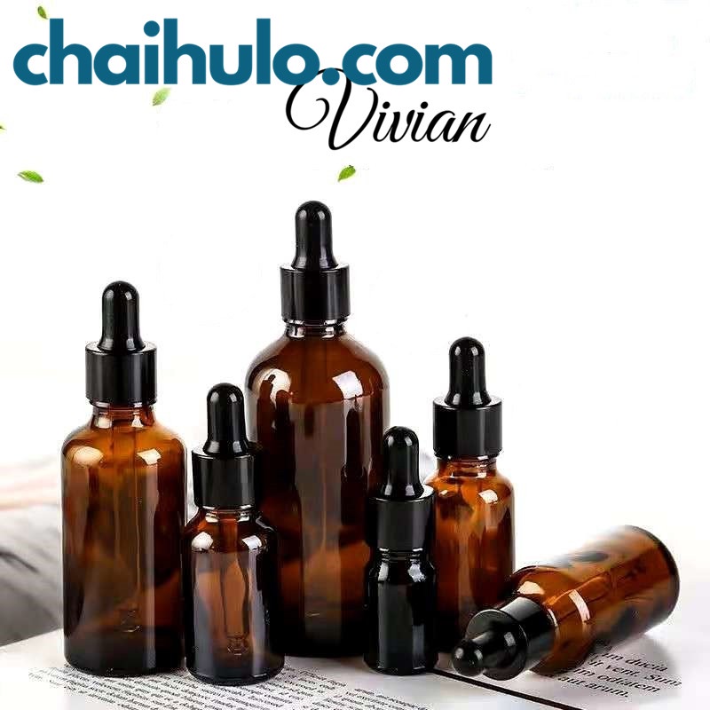 Chai thủy tinh, lọ đựng tinh dầu serum thân nâu nắp bóp đen nhỏ giọt 5ml 10ml 15ml 20ml 30ml 50ml 100ml