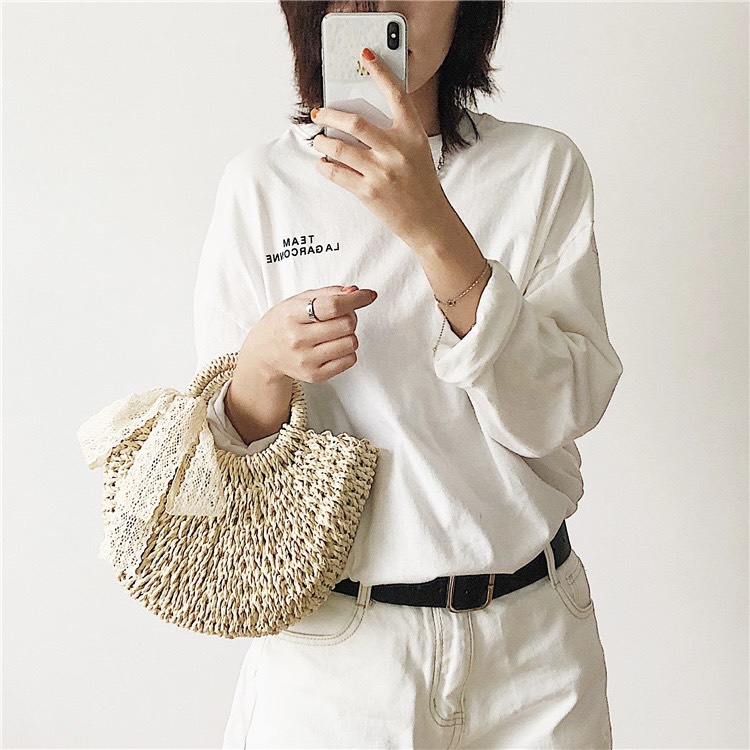 Túi cói bán nguyệt đeo chéo dây ngọc phụ kiện vintage chụp ảnh đi biểb