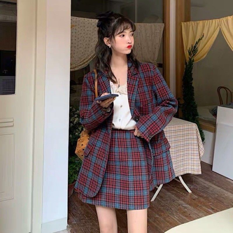 Set Vest caro sọc đỏ gồm áo khoác và váy CÓ HÌNH THẬT style Hàn Quốc - Có ảnh thật