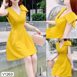 Váy xòe vàng nơ vai V1263 - Đẹp Shop DVC (Kèm ảnh thật do shop tự chụp)