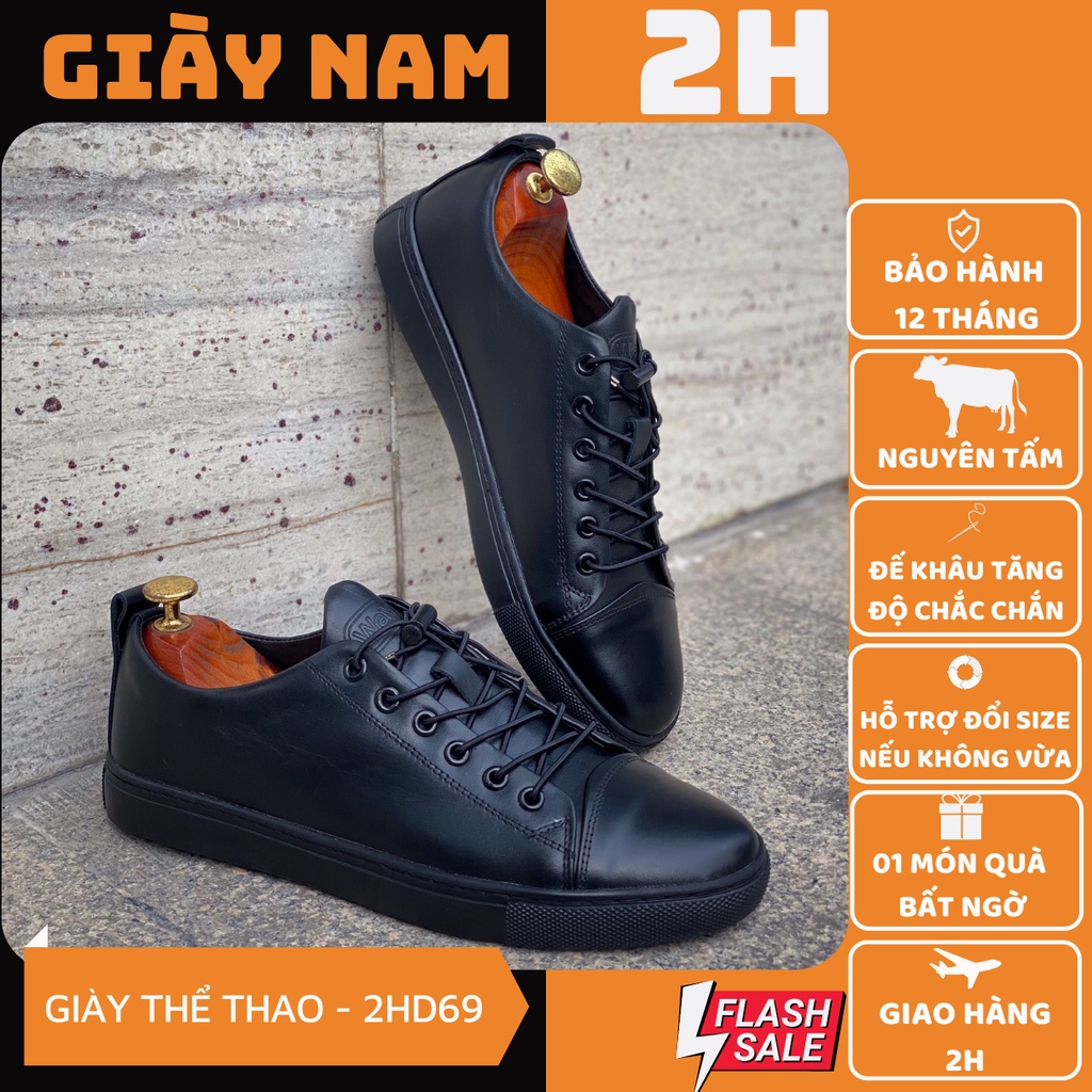 Giày thể thao nam đen, Sneakers da bò nguyên tấm thật 100% - 2H - DD69