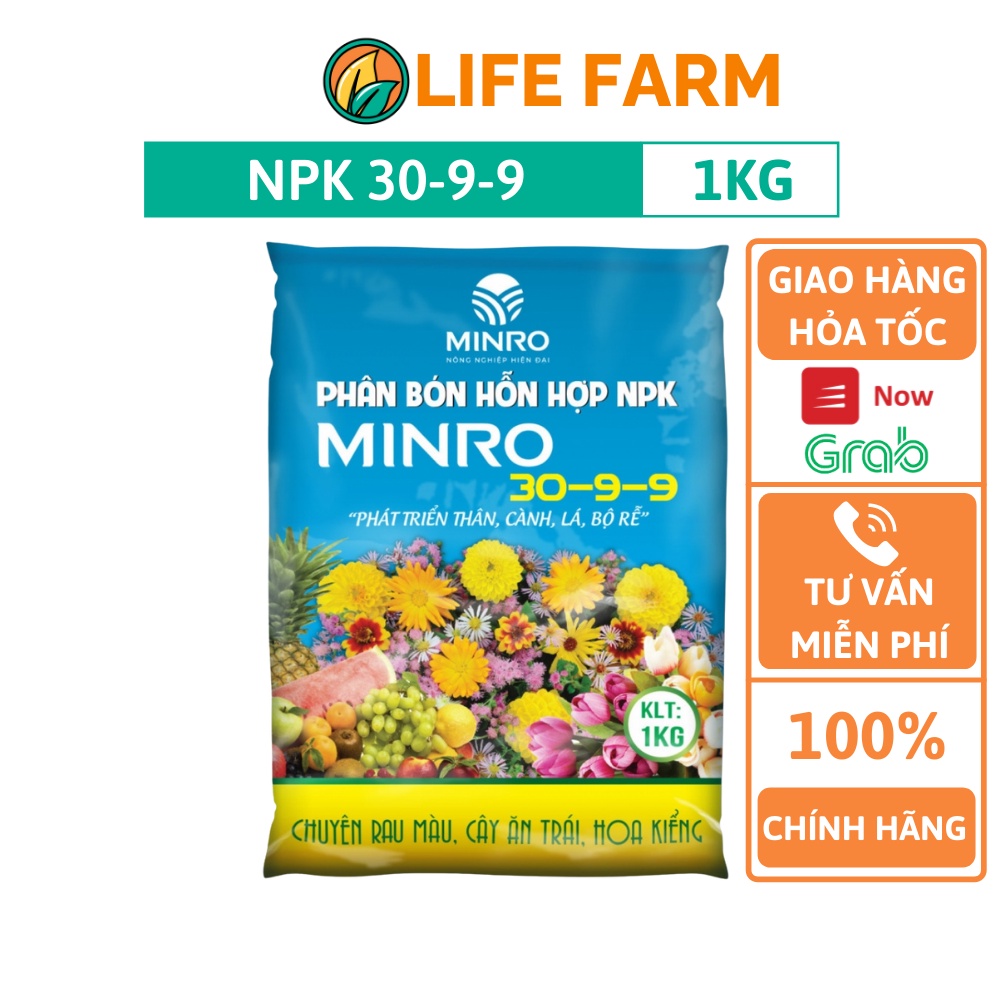 Phân NPK 30-9-9 MINRO Gói 1kg Giúp Cây Phát Triển Lá Cành Rễ (PMR-003-01KG)