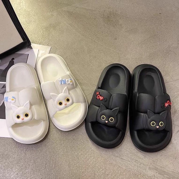 Dép bánh mỳ quai ngang nữ ô vuông đính sticker mèo cute siêu êm siêu bền - DL160