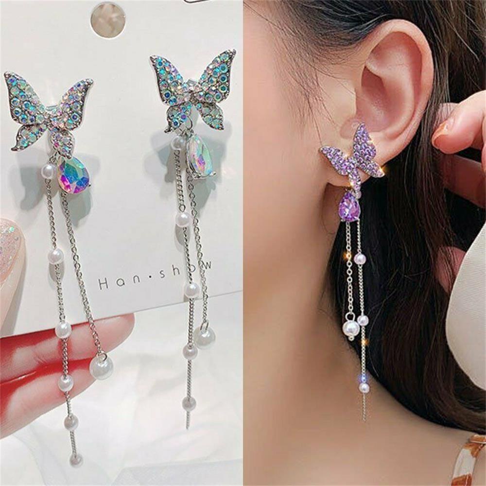 Bông Tai Hình Bướm Màu Tím Xinh Xắn Thời Trang|Dây Chuyền Dài Mặt Bướm Đính Đá Thời Trang Cho Nữ
