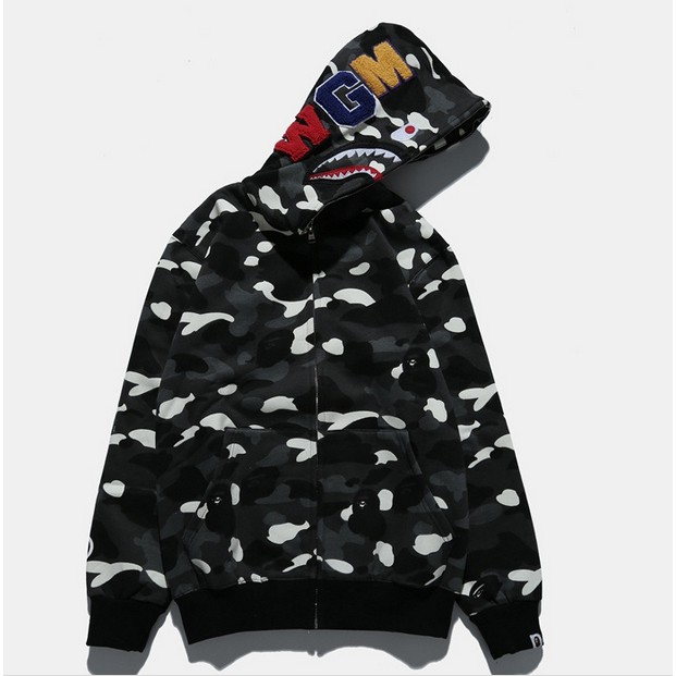 Áo khoác hoodie sweater dạ quang hình cá mập bape rằn ri cho nam nữ