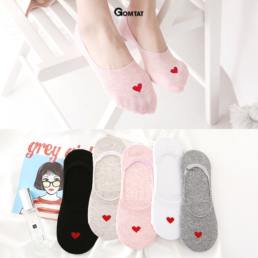 Set 5 đôi tất vớ lười nữ GOMTAT họa tiết trái tim có đệm cao su chống tuột gót, chất liệu mềm mại êm chân - LUOITRAITIM