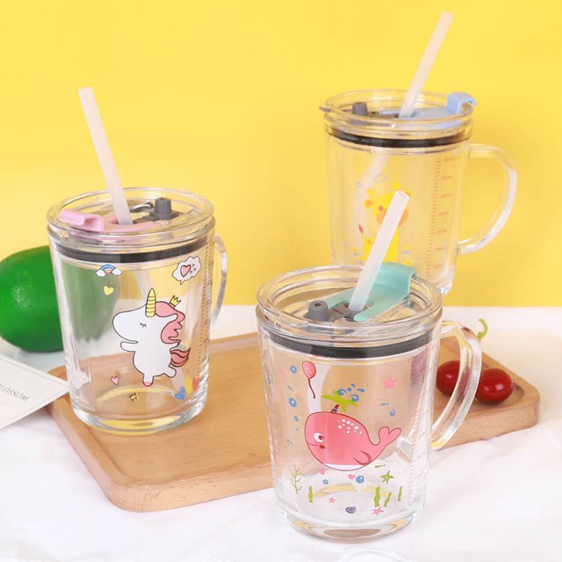 PVN26642 Cốc Chia Vạch Thủy Tinh Pha Sữa Cho Bé 350ml Có Tay Cầm, Nắp Và Ống Hút Tiện Lợi Chống Sánh, Ly Chia Vạch