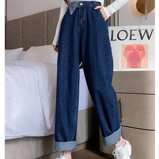 Quần Jeans dài cạp cao, quần jeans dài ống rộng phong cách Hàn Quốc_j17