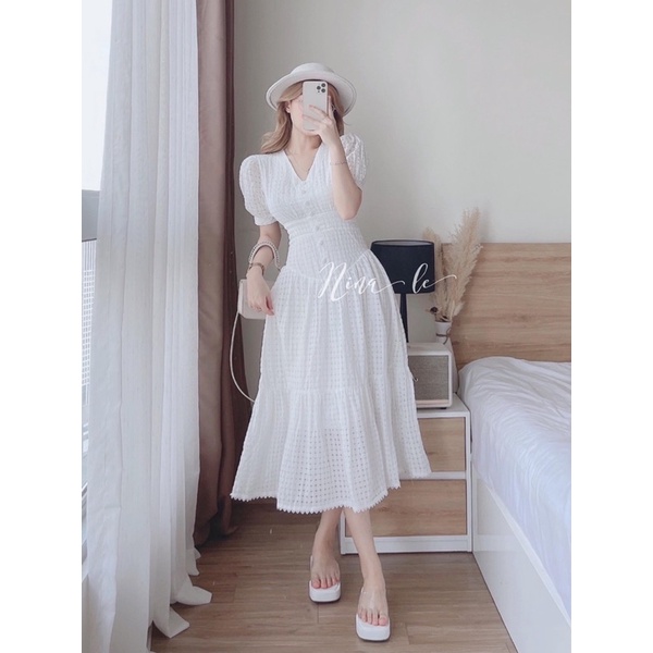 Maxi trắng lưới ô nina le