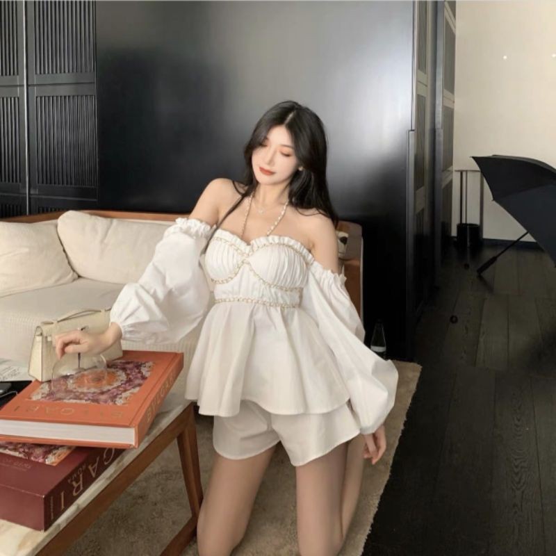 ẢNH THẬT - SET ÁO TRẮNG CUP NGỰC RỚT VAI TAY BỒNG + QUẦN SHORT TRẮNG