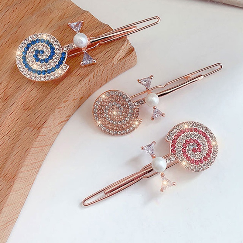 Kẹp Tóc Kẹo Mút Đính Đá &amp; Ngọc Trai Giả Bằng Kim Loại Kiểu Hàn Quốc Dễ Thương Cho Nữ