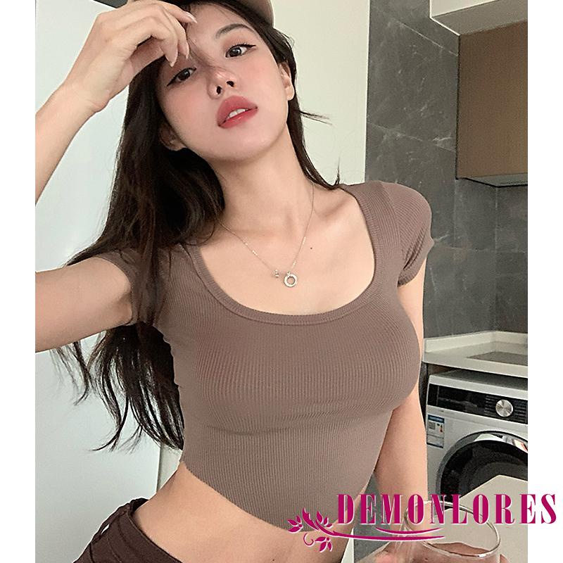 Áo Croptop Ngắn Tay Cổ Chữ U Màu Trơn Thời Trang Mùa Hè Cho Nữ