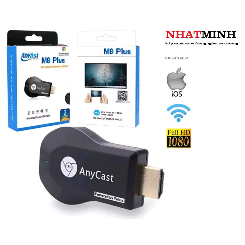 HDMI không dây từ iPhone, iPad ra tivi, máy chiếu Anycast M9 Plus - ram 128Mb (Đen)