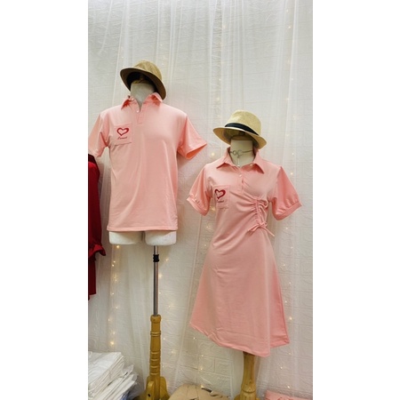 Set đồ đôi polo hồng dễ thương hoạ tiết trái tim rút xinh xắn Forever Couple Store (giá gồm áo váy, có ảnh thật)