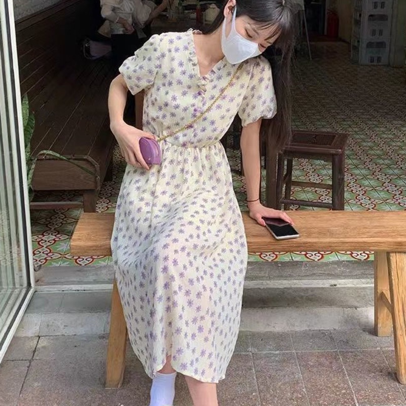 Đầm Hoa Ngắn Tay Thời Trang Xinh Xắn 168851 Đầm Chữ a Dài Qua Gối Cổ Chữ v Thanh Lịch Hợp Thời Trang