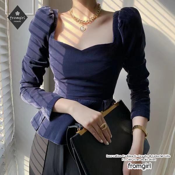 Áo nhung tay dài phồng cổ vuông thời trang mùa thu quyến rũ dành cho nữ