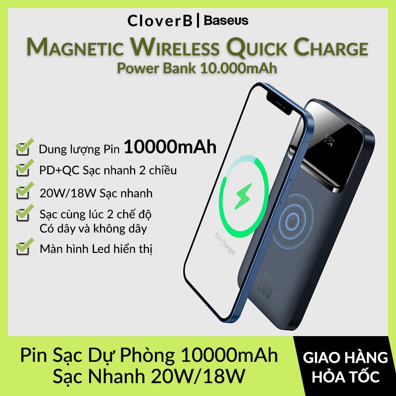 Pin Dự Phòng Không Dây 10000mAh BASEUS Magnetc Wireless Quick Charging, Sạc Nhanh PD 20W, Hỗ Trợ MagSafe Cho iPhone 13