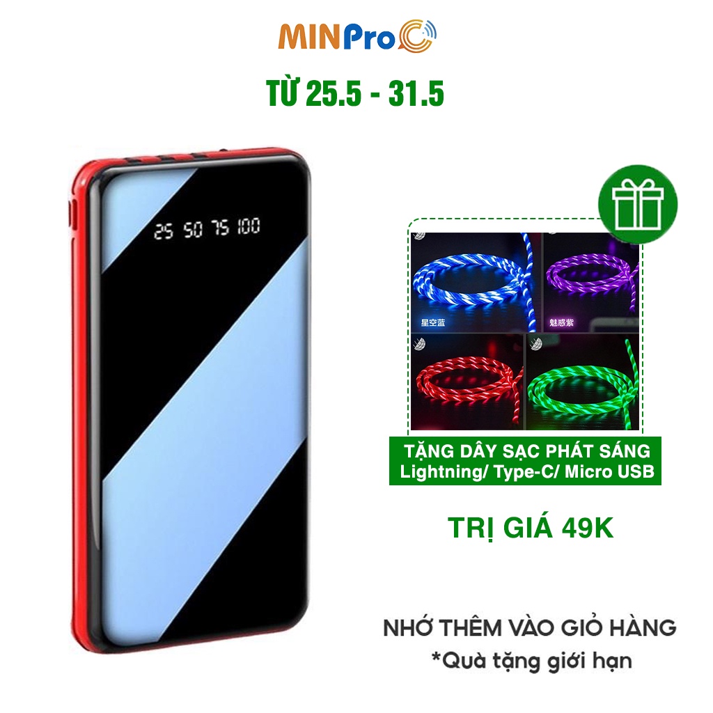 Pin sạc dự phòng 30000mAh hình chữ nhật mini,hỗ trợ sạc nhanh, tặng kèm dây cáp 3 đầu và có miếng đỡ điện thoại – MINPRO