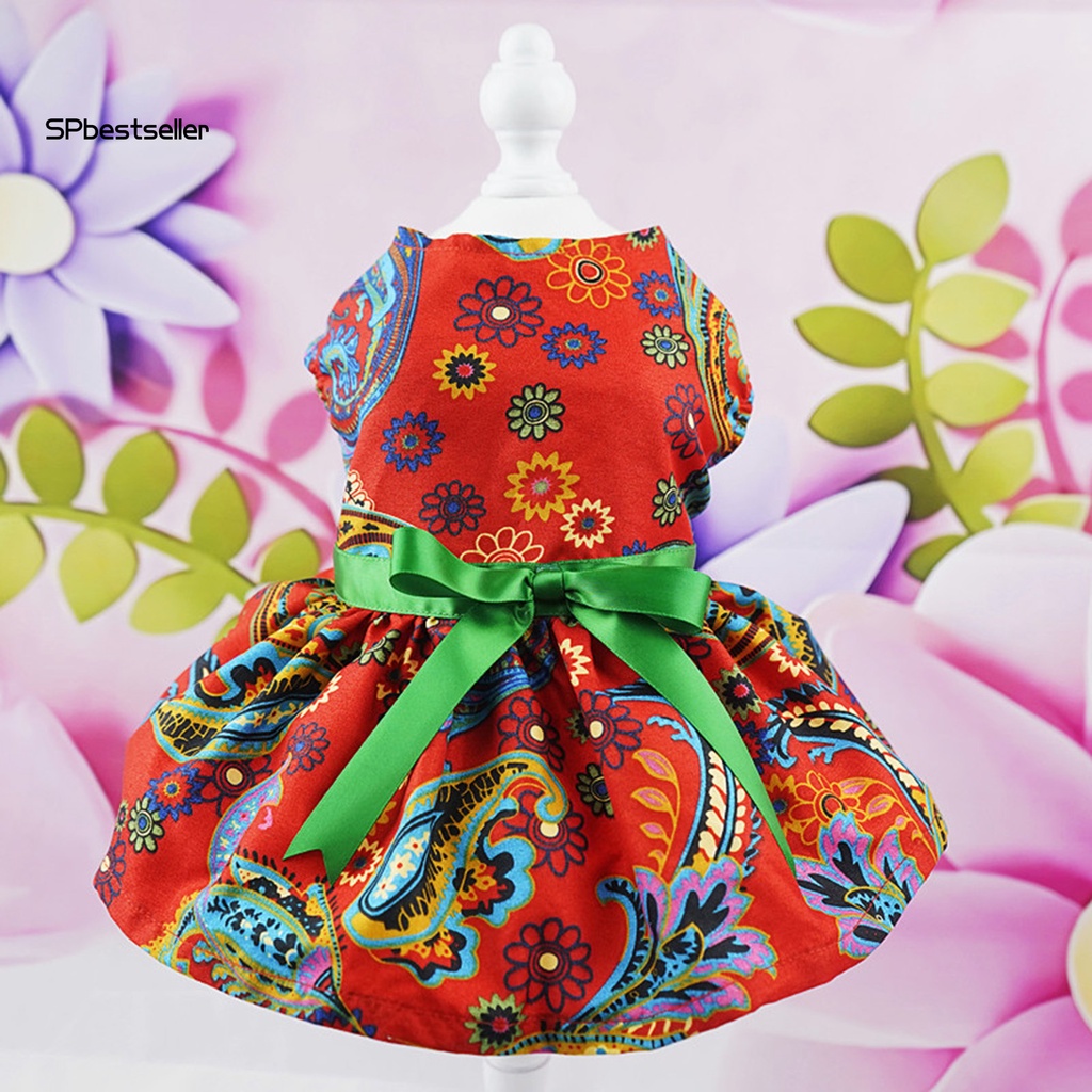 Spbest_đầm In Hoa Nhỏ Vừa Và Lớn Thắt Nơ Trang Trí Cún Cưng Dùng Làm Đạo Cụ Chụp Ảnh