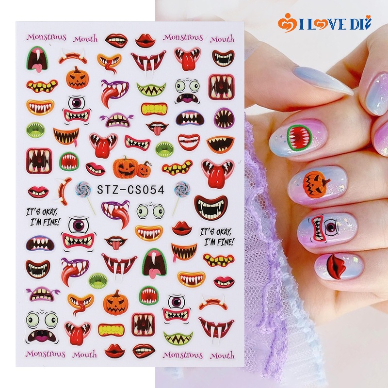 1 Tấm Sticker Dán Móng Họa Tiết Zombie / Quái Vật Halloween Dễ Thương
