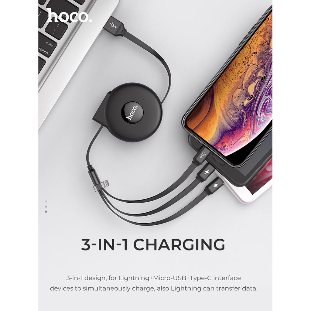 Cáp sạc đa năng Hoco U50 hỗ trợ sạc nhanh 2.4A,3 đầu 1 iPhone,Micro,Type-C dây rút nhỏ gọn