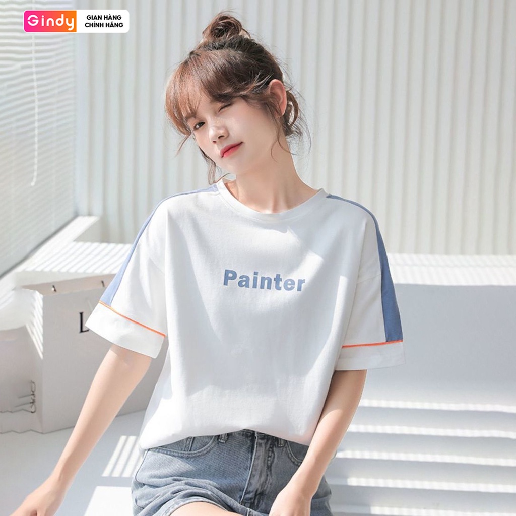 Áo thun nữ tay lỡ form rộng dáng basic unisex GINDY PAINTER chất cotton thoáng mát, co giãn A6171