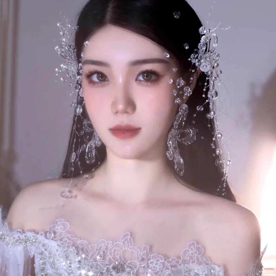 Kẹp Tóc Đính Pha Lê Tua Rua Bên Hông Trong Suốt Phong Cách Mori Nhật Hàn Cho Cô Dâu