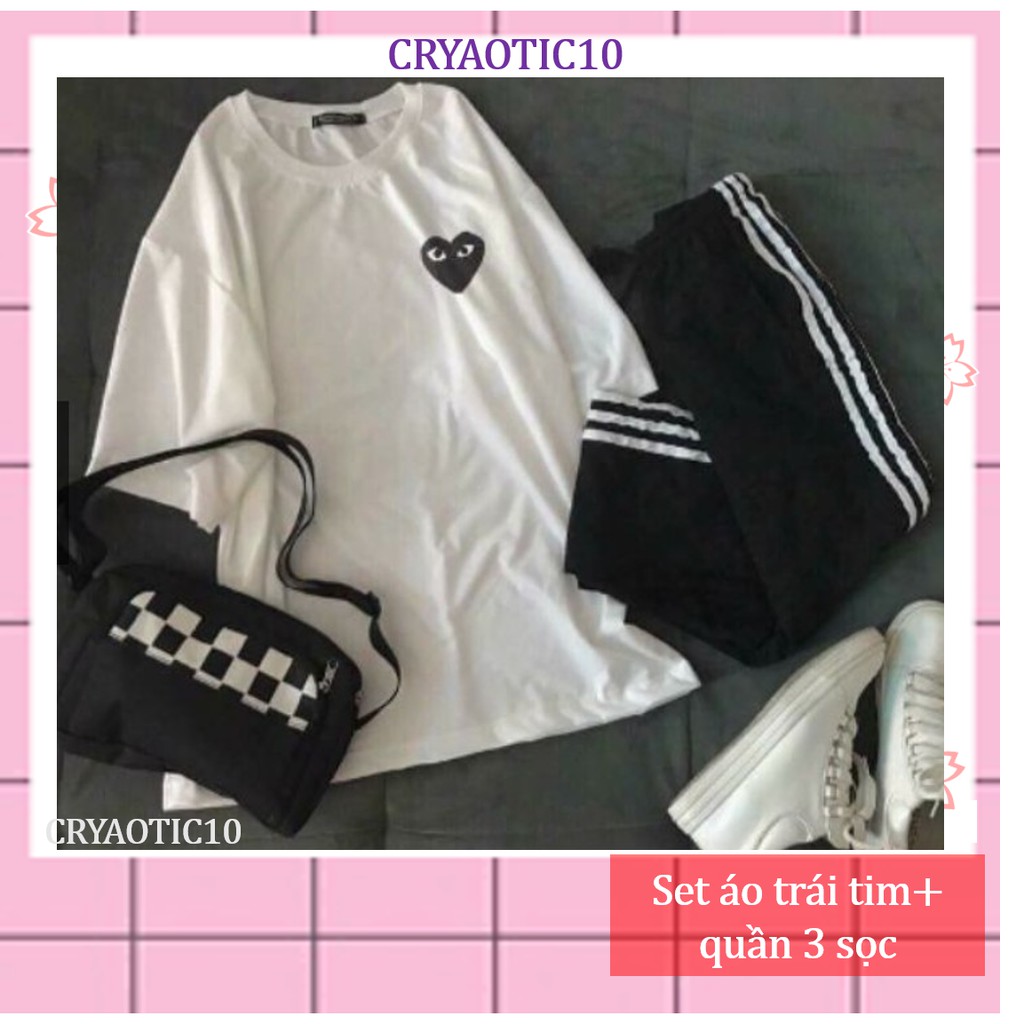 [COMBO TIẾT KIỆM] Set 1 áo play heart + 1 quần thun 3 sọc unisex