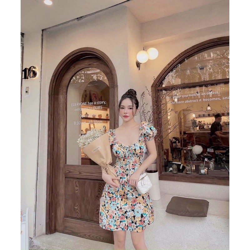 ✨HOT✨Váy hoa nhí cổ nhún dáng xòe_Đầm hoa 2 lớp cao cấp_Chất thô mềm mát_2 Size S - M