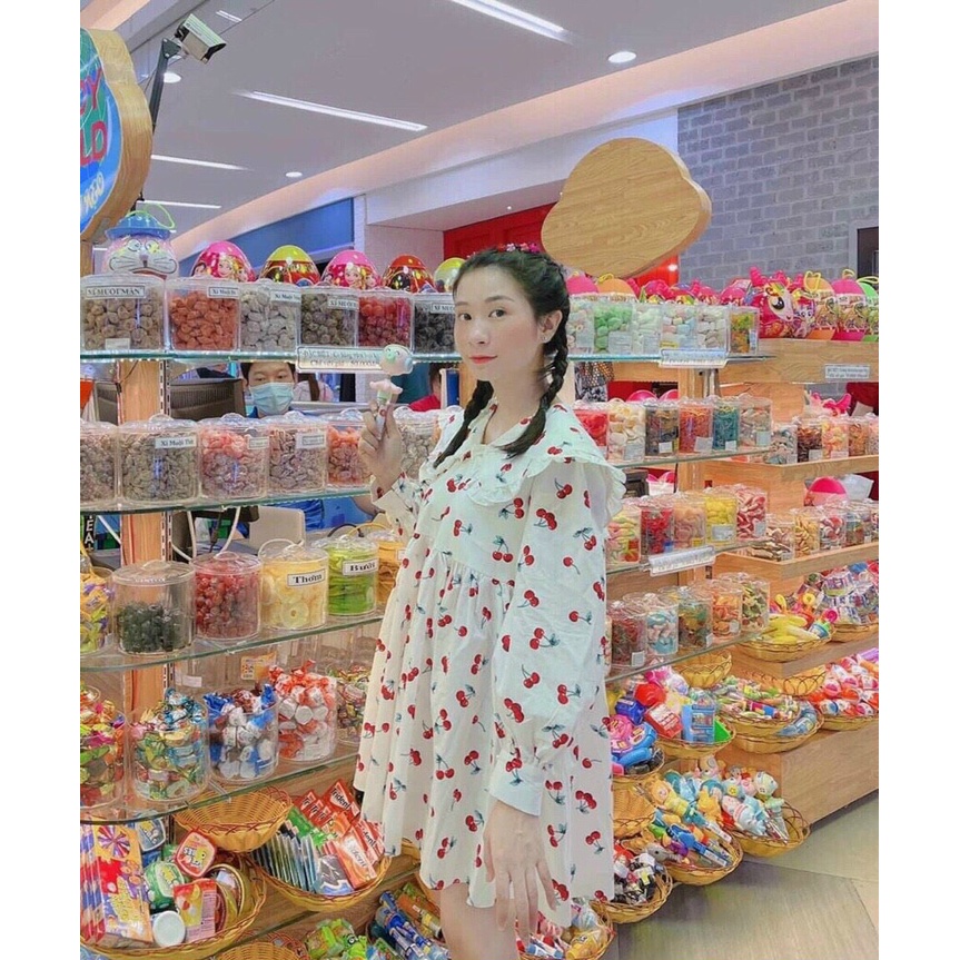 [ Miễnphis ship 2022 ] Đầm babydoll cherry dài tay cổ bèo, váy xoè đơn giản dạo phố,đi chơi, đi biển